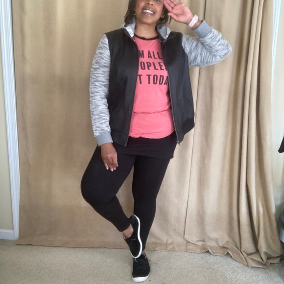 Torrid Black Faux Leather & Marled Grey Terry Bomber Jacket, 1X (14/16) - Picture 5 of 16